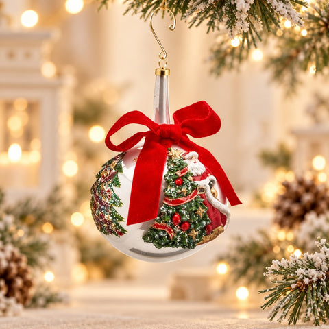 Palla di Natale Collo Lungo in Vetro con Babbo Natale e Fiocco Rosso - EDG Enzo De Gasperi, Ø12cm