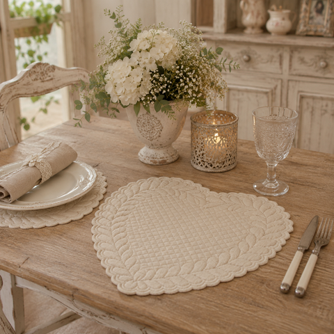 Tovaglietta Americana a Cuore Trapuntata Amore Naturale by 42x42cm 100% Cotone