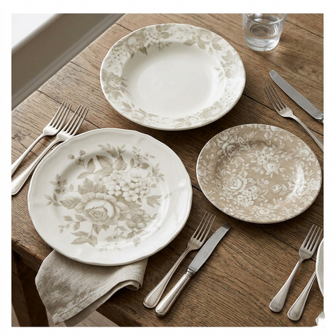 Servizio Piatti 18 Pezzi "Splendor" Beige in Ceramica by Blanc Mariclò - 26cm 23cm 21cm