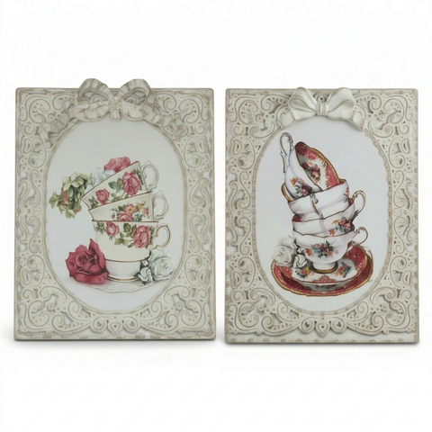 Quadretti Shabby Chic Tazzine Impilate e Rose - 25x30cm