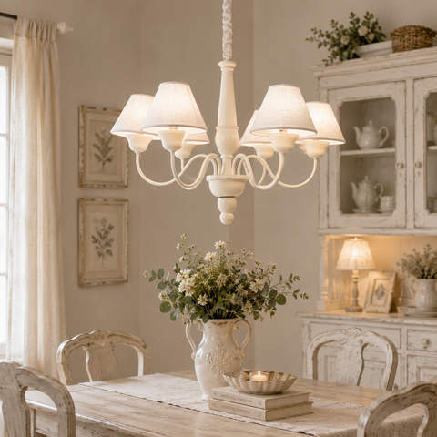 Lampadario Emi 6 Luci con Cappe Bianche Shabby Chic - D.67xH.56cm