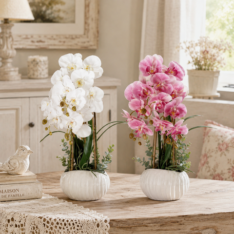 Vaso in Ceramica con Orchidee Artificiali Real Touch - D16,5xH44 cm