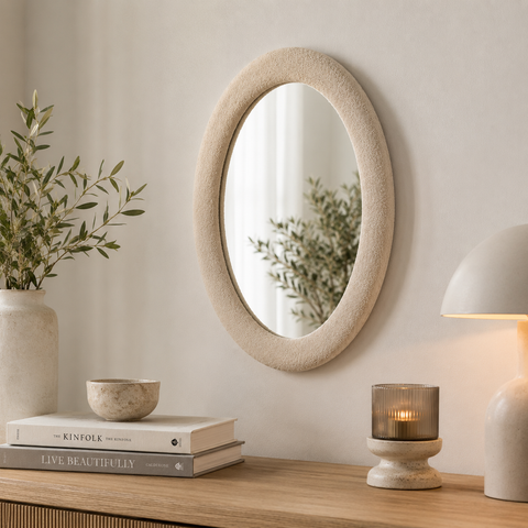 Specchio da Parete Rotondo con Cornice in Tessuto Bouclé Beige - D100 cm