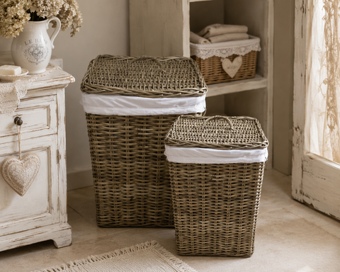 Cesto Portabiancheria con Coperchio in Rattan e Cotone by Blanc Mariclò - 42 x 42 x 62 cm, 37 x 37 x 58 cm