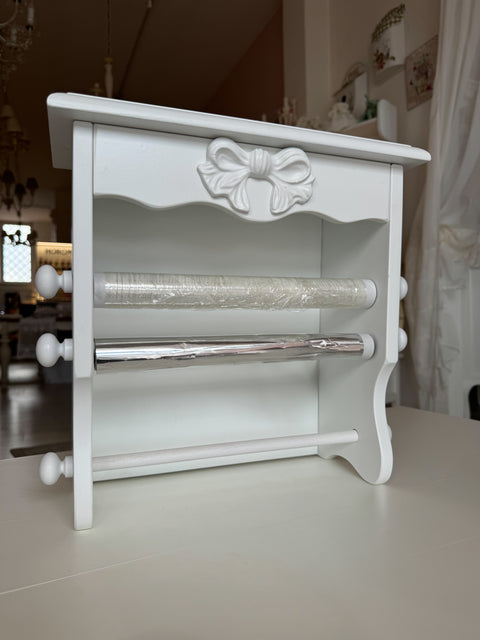 Portarotoli da cucina in legno con fiocco decorativo – 38x38x19 cm – Artigianale e personalizzabile