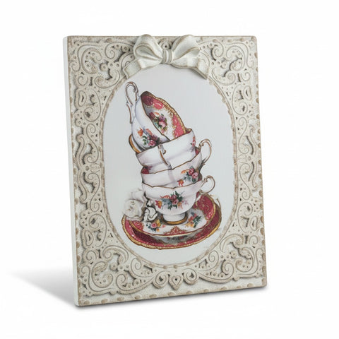 Quadretti Shabby Chic Tazzine Impilate e Rose - 25x30cm