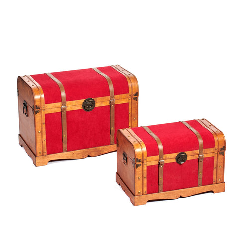 Set 2 Bauli in Legno e Velluto Rosso – Trunk Box Decorativi 78 cm e 60,5 cm