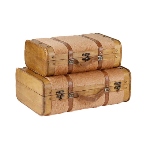 Set 2 Valigie Decorative Goodwill in Legno e Pelliccia - Marrone 45/38 cm