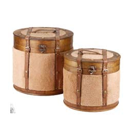 Set 2 Scatole Cappelliera Rotonde Goodwill in Legno e Pelliccia - Marrone 35/30 cm