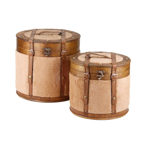 Set 2 Scatole Cappelliera Rotonde Goodwill in Legno e Pelliccia - Marrone 35/30 cm