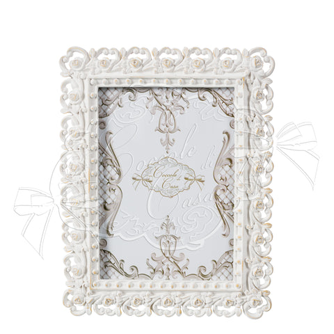 Portafoto “Dot Rose” Bianco in Resina – Cornice Shabby Chic con Rose e Perle (10x15, 13x18, 20x25 cm)