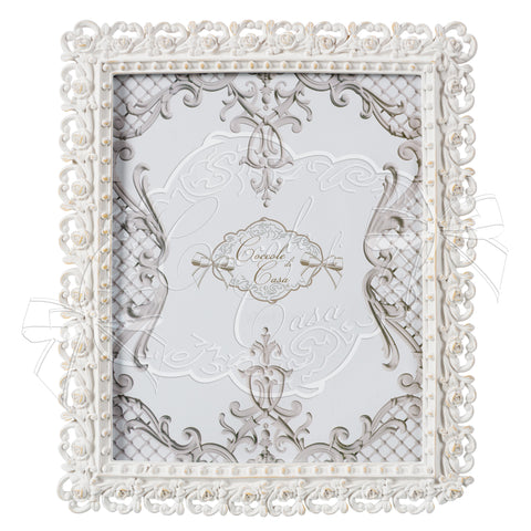 Portafoto “Dot Rose” Bianco in Resina – Cornice Shabby Chic con Rose e Perle (10x15, 13x18, 20x25 cm)