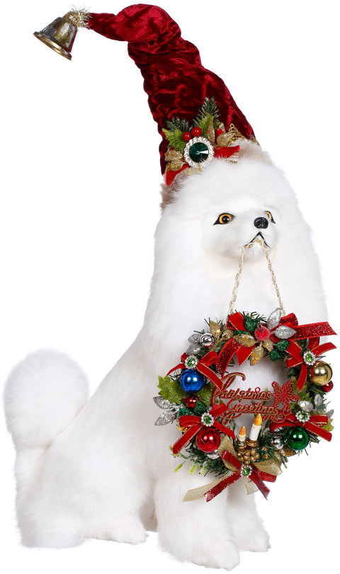 Merry Xmas Sitting Dog 33 cm – Cagnolino Natalizio Bianco con Ghirlanda | Goodwill by Mark Roberts