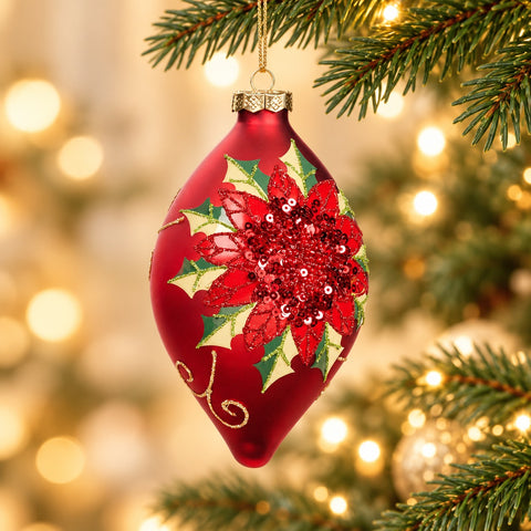 Addobbo Natalizio in Vetro con Stella di Natale in Paillettes Rosso – Goodwill, 10cm