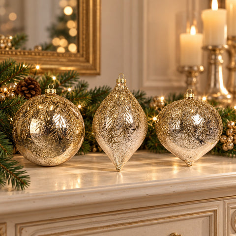 Addobbo Natalizio in Vetro Oro con Rametti Glitterati – Goodwill, 15cm
