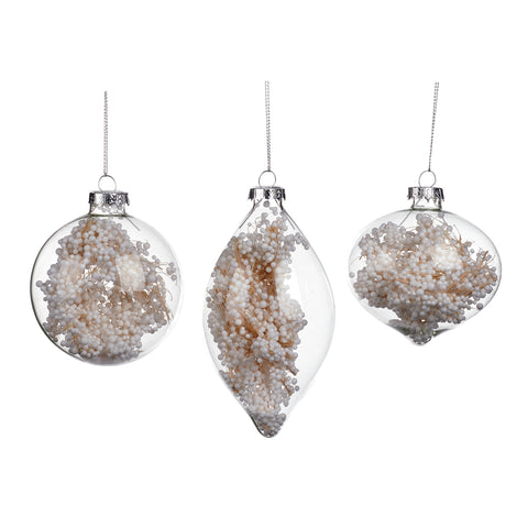 Palline di Natale in Vetro Trasparente con Rametti e Bacche Bianche – Goodwill – 8 cm – 3 Forme Disponibili