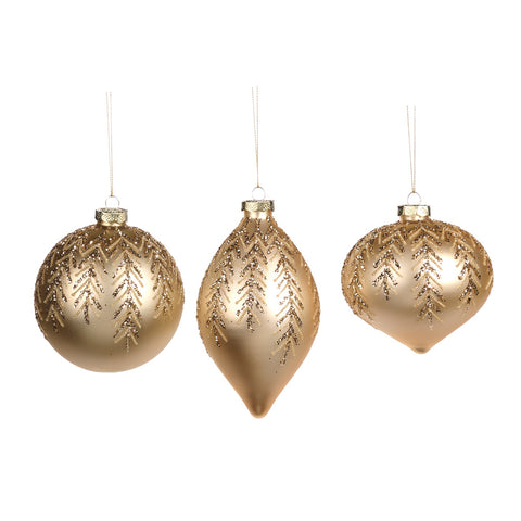 Addobbo Natalizio in Vetro Oro Opaco con Rametti Glitterati – Goodwill, 10cm