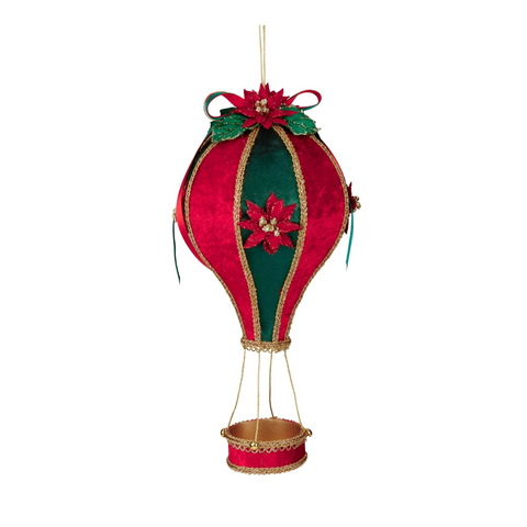 Mongolfiera Natalizia da Appendere in Tessuto 30 cm – Rosso, Verde e Oro con Fiori Glitter