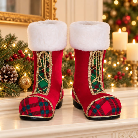 Stivali di Babbo Natale in Tessuto Tartan Rosso e Verde, Set da 2 – Goodwill, 38cm