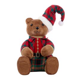 Orsetto Natalizio Seduto in Tessuto Tartan – Rosso/Verde/Marrone – 37 cm
