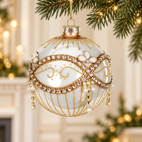 Pallina di Natale in Vetro con Gioielli e Perle Pendenti Bianco e Oro – Goodwill, 10cm