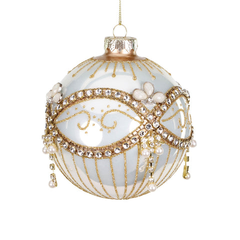 Pallina di Natale in Vetro con Gioielli e Perle Pendenti Bianco e Oro – Goodwill, 10cm