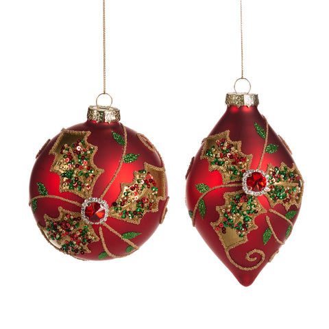 Decorazioni Natalizie in Vetro Rosso Ø12 cm con Agrifoglio Gioiello – Varianti Palla e Goccia Goodwill