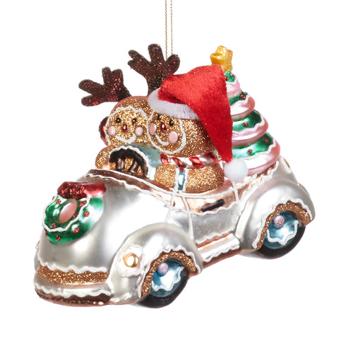 Addobbo Natalizio "Marzapane in Macchina" 14 cm – Decorazione in vetro dipinto a mano