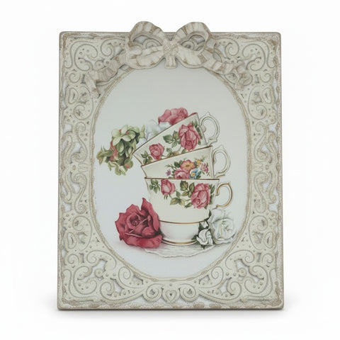 Quadretti Shabby Chic Tazzine Impilate e Rose - 25x30cm