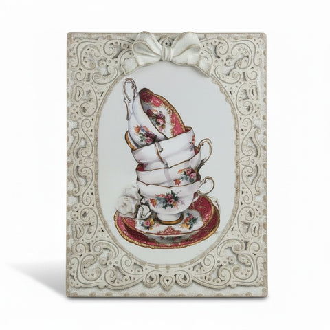 Quadretti Shabby Chic Tazzine Impilate e Rose - 25x30cm