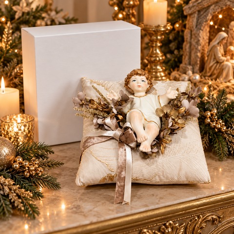 Cuscino Natività con Gesù Bambino e Composizione in Box – Polvere di Stelle by Mata Creazioni, 26x26 cm
