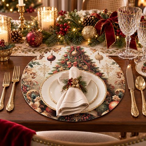 Sottopiatto Tondo Albero di Natale e Decori Barocchi - Clayre & Eef, Ø 40 cm