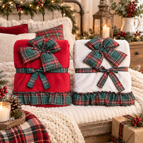 Plaid Invernale Sherpa con Volant Scozzese Tartan e Fiocco – Blanc Mariclò, 140x170cm