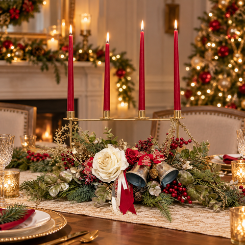 Centrotavola dell'Avvento Style con Candelabro Dorato e 4 Candele – Linea Noël by Mata Creazioni, 60x25x62 cm