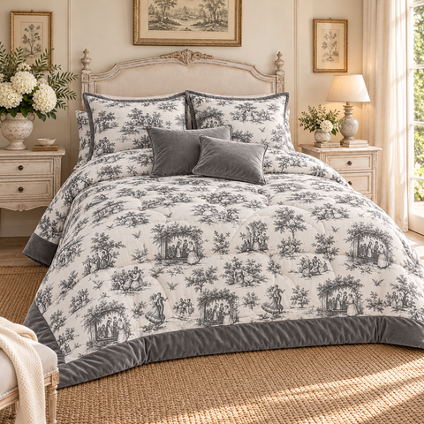 Trapunta Matrimoniale Toile Royale con Bordo in Velluto e Federe – L'Atelier 17, 260x260cm