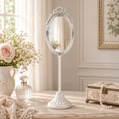 Specchio da Tavolo Ovale con Fiori in Metallo Sbiancato – Mathilde M, 11x44x12 cm