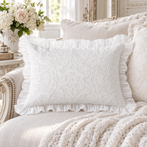Cuscino Rettangolare Bianco in Cotone Ricamato con Volant - Lace Couture, 35x50cm