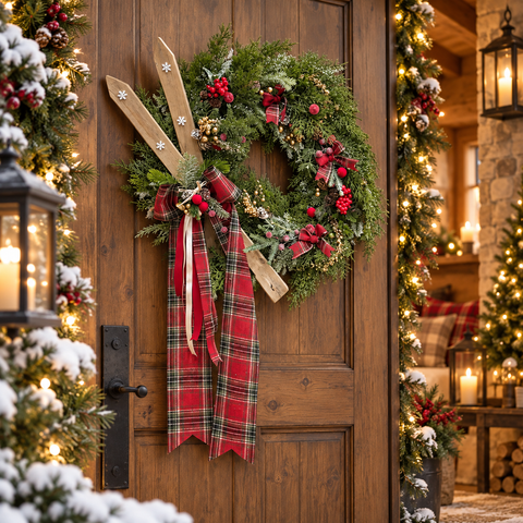 Ghirlanda Natalizia Colmar con Sci in Legno e Fiocchi Tartan – Linea Teddy by Mata Creazioni, Ø 50 cm