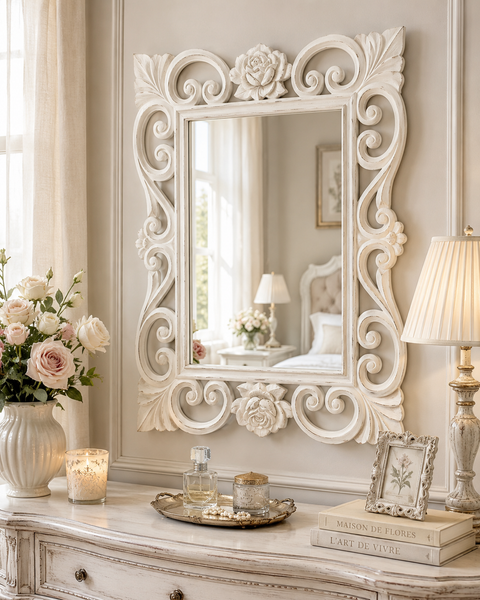 Specchio Rettangolare Intagliato con Rose - 59,5x79,5 cm