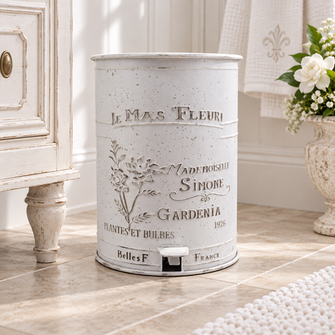 Bidone a Pedale da Bagno e Cucina in Metallo Bianco Anticato - Clayre & Eef, 34x44x45 cm