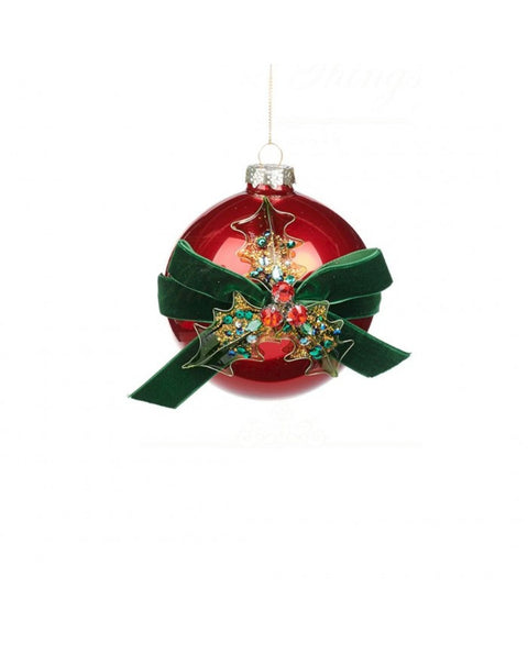 Palla di Natale in Vetro con Fiocco e Agrifoglio 10cm – Varianti Rosso e Verde