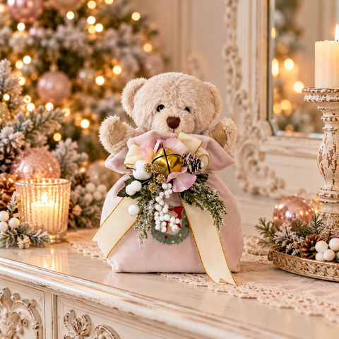 Orsetto Ralph in Sacca Natalizia Ricamata con Composizione – Linea Teddy by Mata Creazioni, 20x12 cm