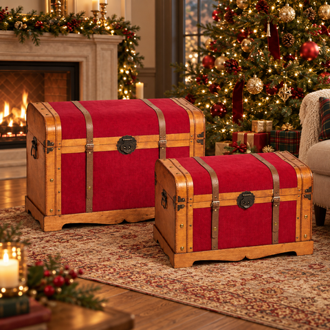 Juego de 2 baúles de madera y terciopelo rojo – Cajas baúl decorativas de 78 cm y 60,5 cm
