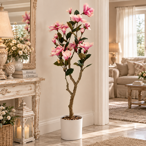Vaso in Ceramica con fiori di Magnolia Rosa (Artificiale) - 17x125 cm