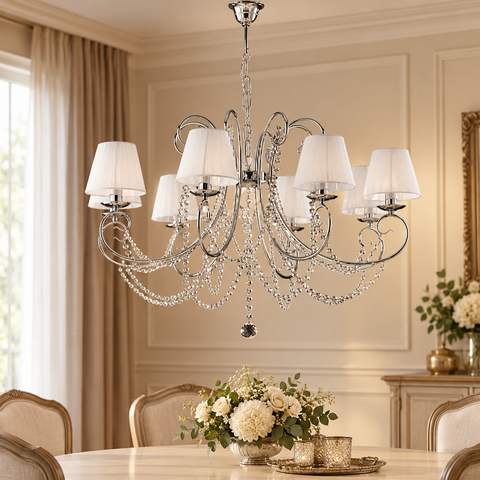 Lampadario Classico in Ferro Cromato o Dorato con o senza Paralumi – Bonetti Illumina Magda, 5 e 8 Luci ambientata