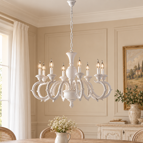 Lampadario Shabby Chic in Legno Bianco o Avorio e Foglia Oro – Bonetti Illumina Fiorenza, 3, 5, 6 e 8 Luci ambientata