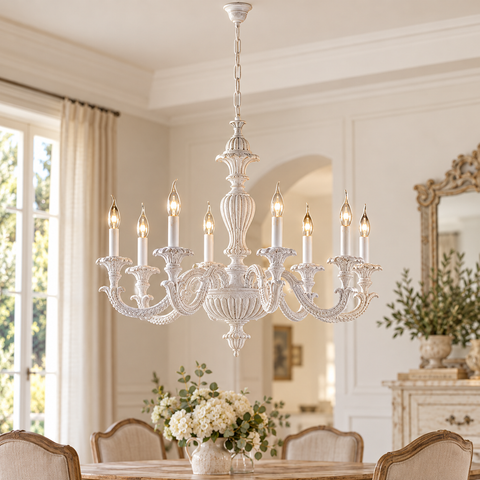 Lampadario Shabby Chic in Legno Bianco o Avorio e Foglia Oro – Bonetti Illumina Leonardo, 3, 5, 6 e 8 Luci ambientata
