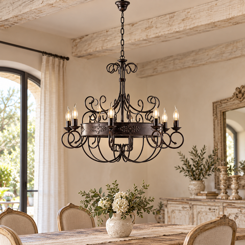 Lampadario Vintage in Ferro Nero Ruggine o Avorio Decapé – Bonetti Illumina Baltimora, 3, 5 e 8 Luci ambientata