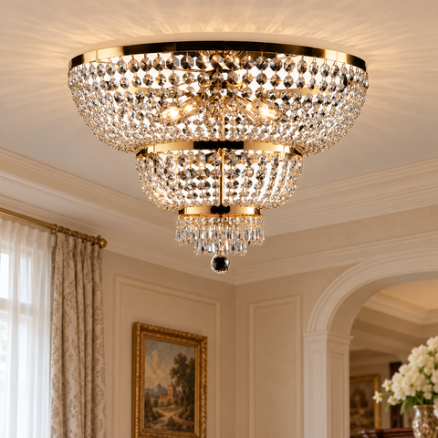Plafoniera Classica in Ferro e Ottone Dorato o Cromato con Strass – Bonetti Illumina Mozart, 6 e 8 Luci ambientata