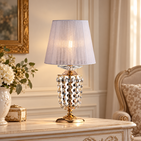 Lampada da Tavolo Classica in Ferro e Ottone Dorato o Cromato con Paralume – Bonetti Illumina Mozart, 1 Luce, Ø20 cm ambientata